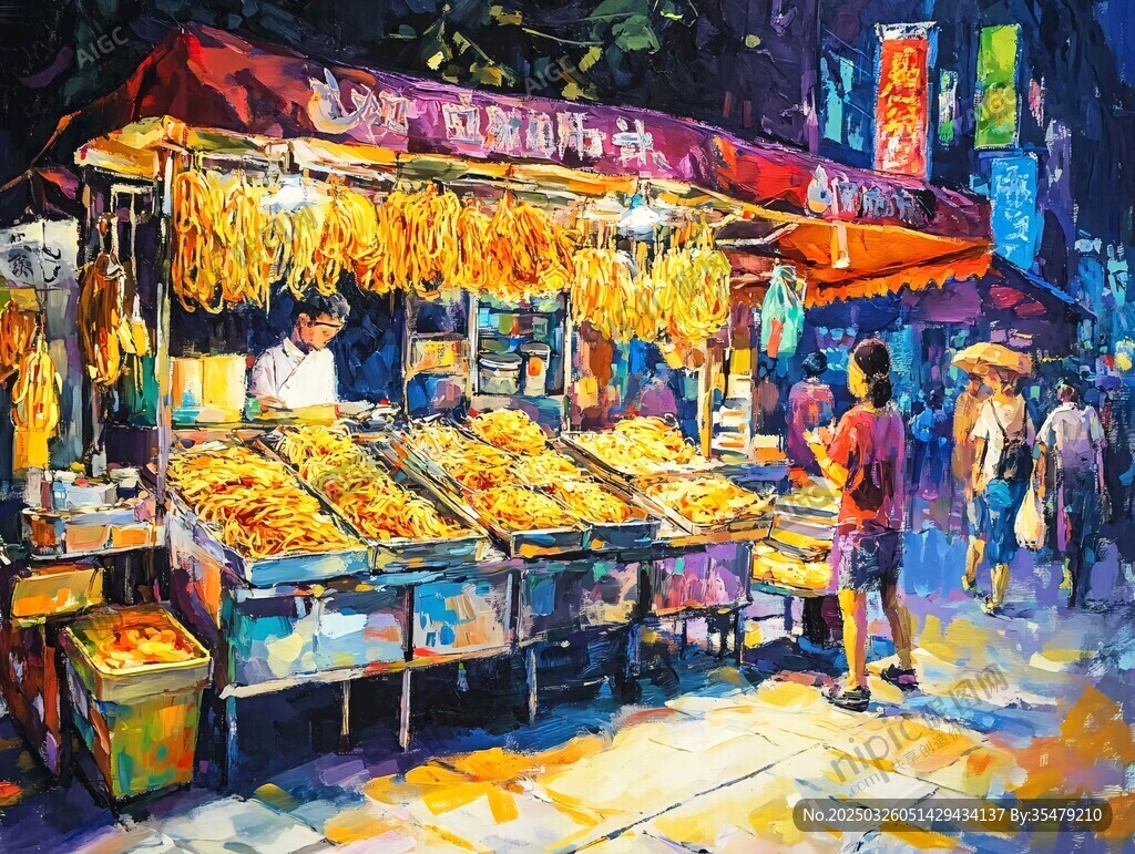 夜市烤串摊热闹景象