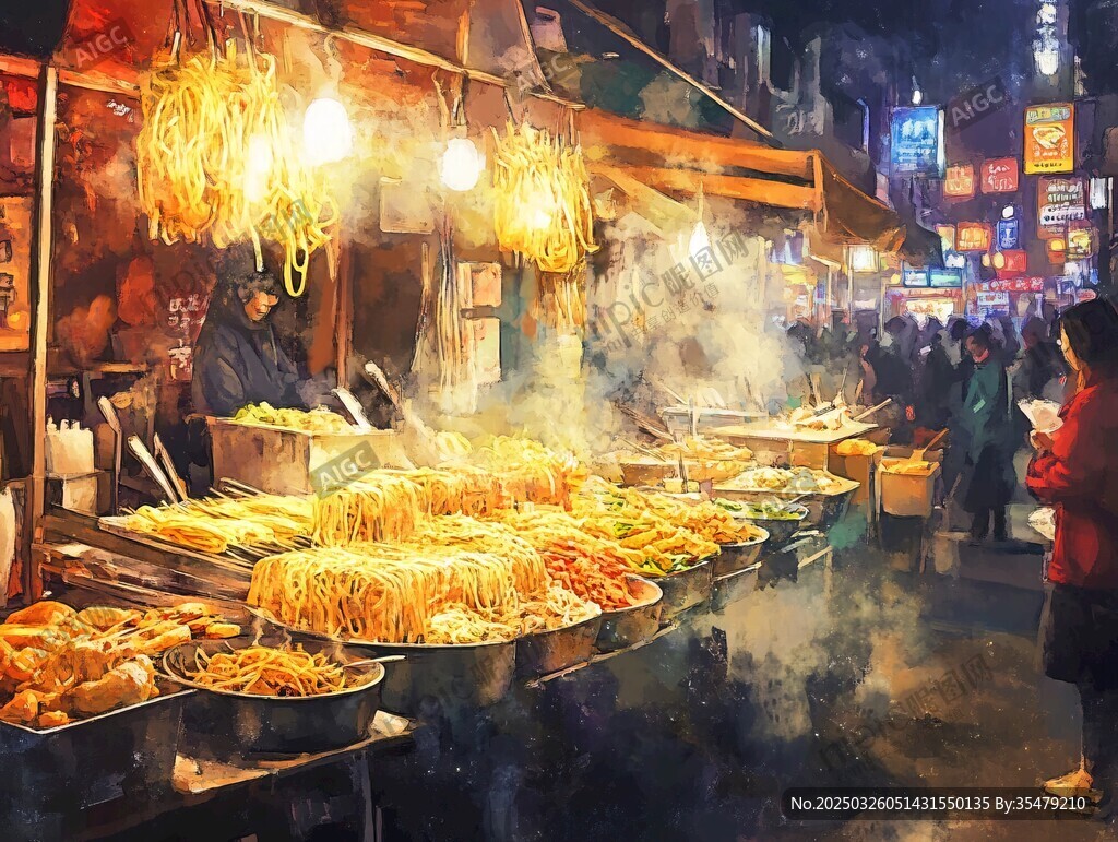 热闹夜市的美食摊位
