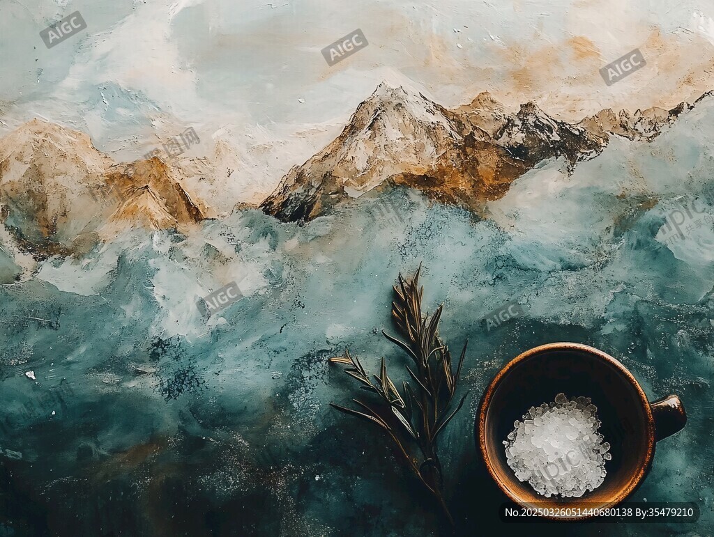 水墨山水旁的盐杯与植物