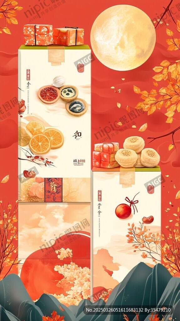 中秋传统美食与美景插画