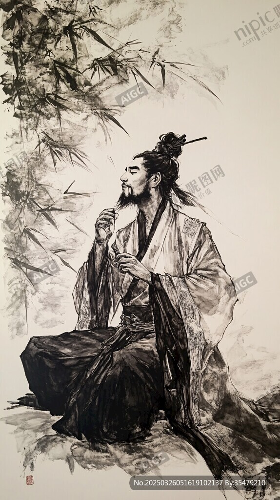 古风雅士竹林间悠然品茗