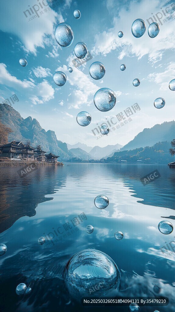 梦幻山水间的漂浮气泡