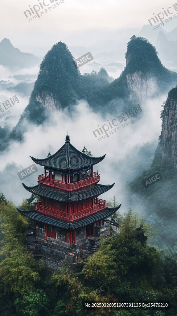 云雾缭绕中的中式古亭美景