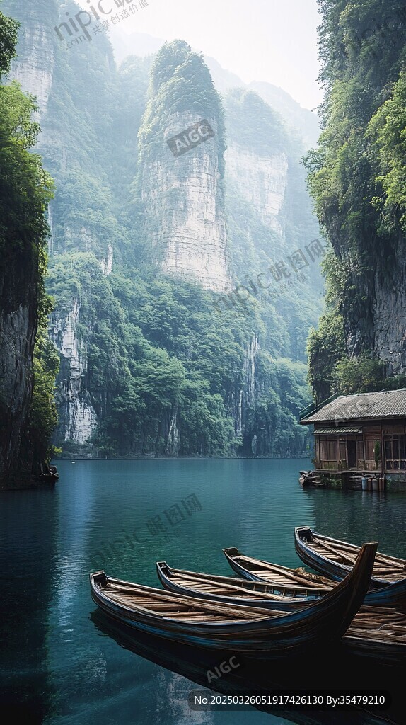 静谧山水间的古朴船只