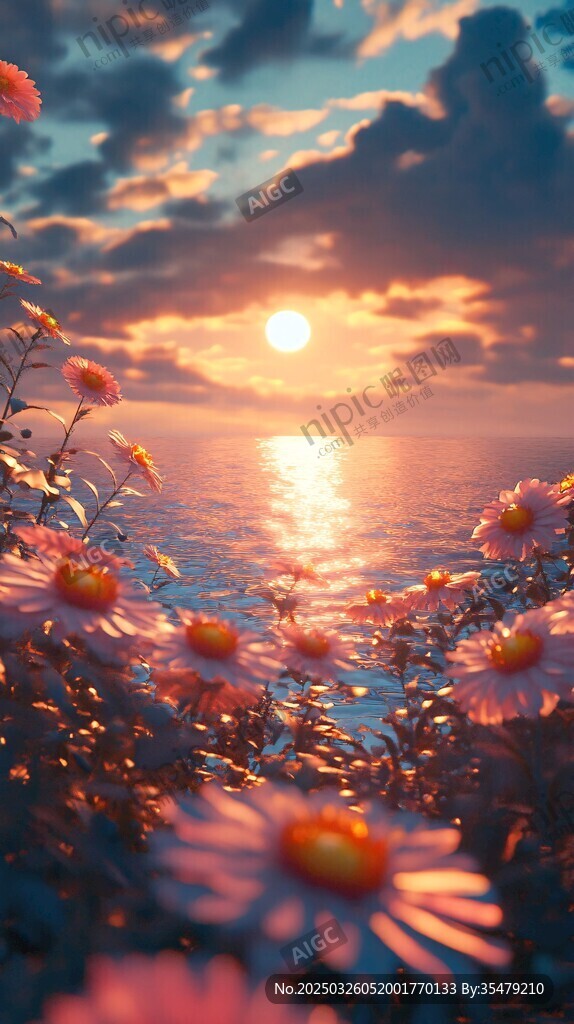 湖畔日落雏菊梦幻美景