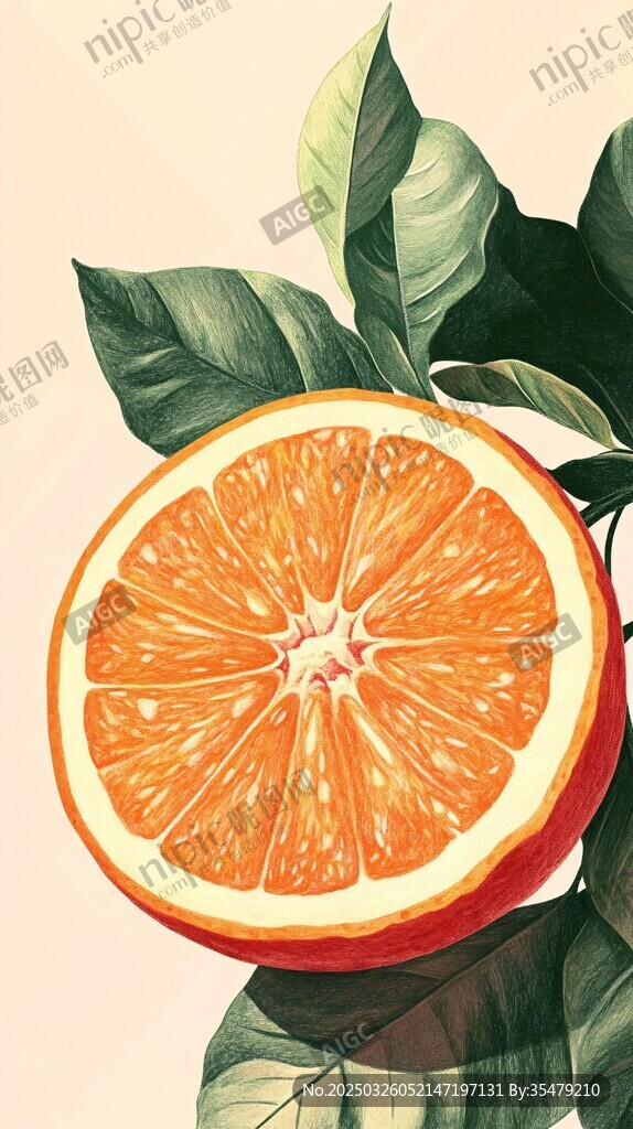 半颗鲜橙与绿叶插画