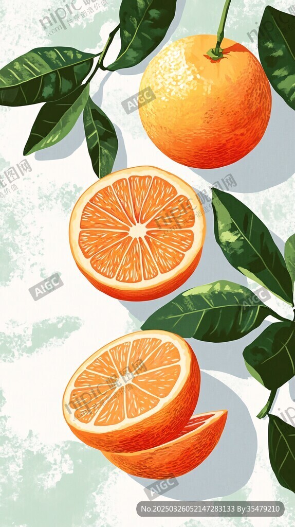 新鲜橙子与绿叶插画展示