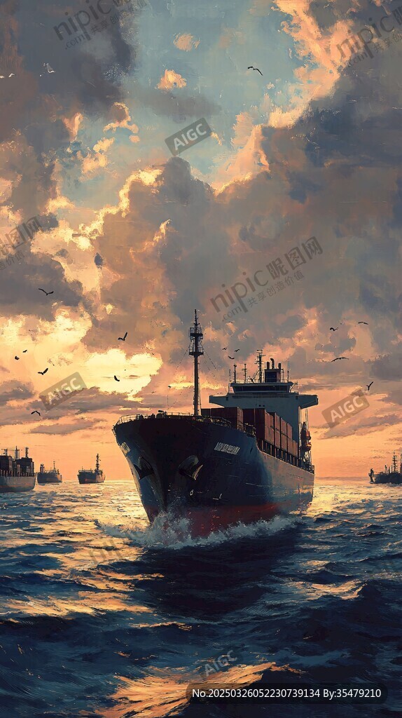 夕阳下的海上航行货轮