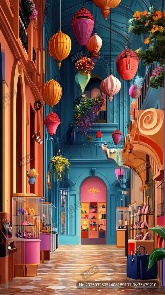 梦幻彩色街道购物场景