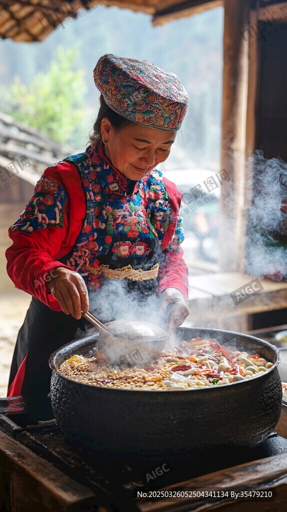 苗族女子大锅烹饪美食