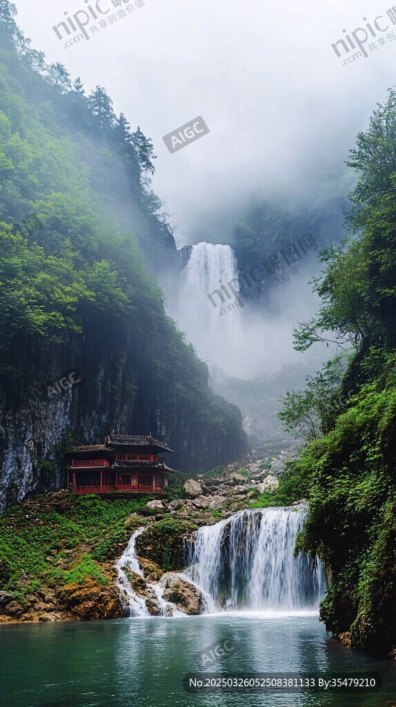 山间飞瀑旁的古韵楼阁