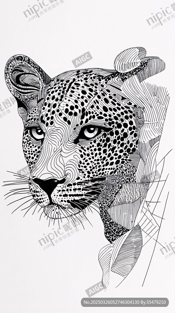 黑白豹头艺术插画