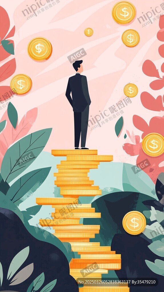 男人踏金钱阶梯追逐财富