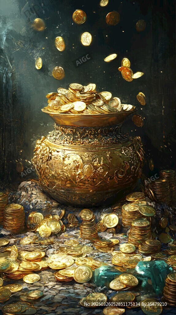 满溢金罐与散落金币场景