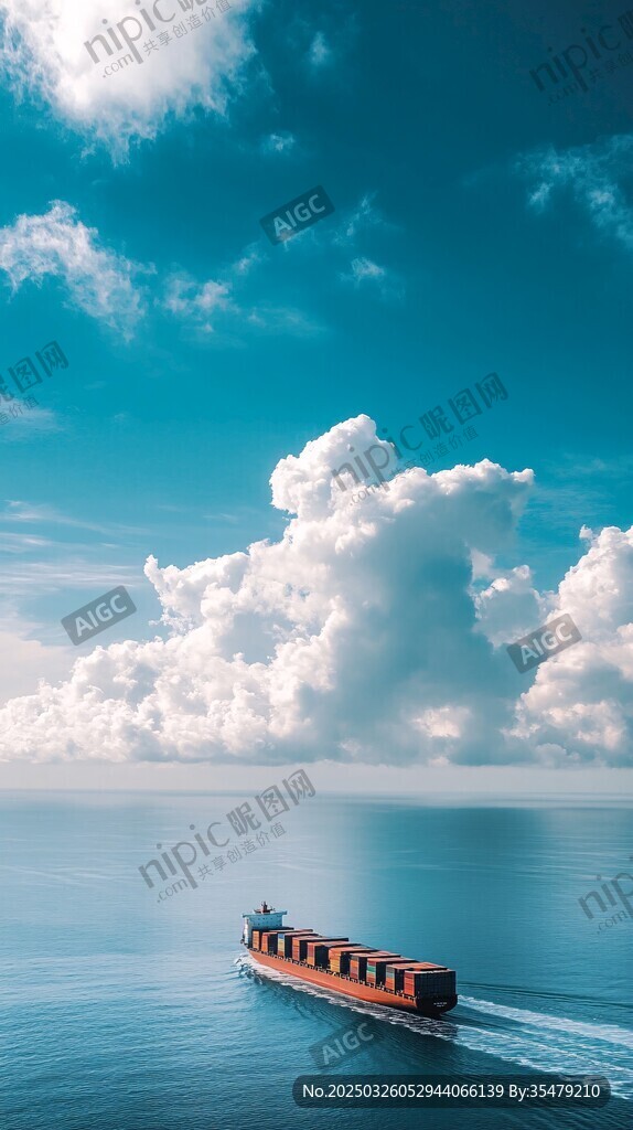 海上货轮航行于蓝天白云下