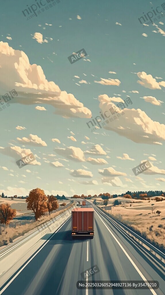 公路上行驶的红色货运卡车