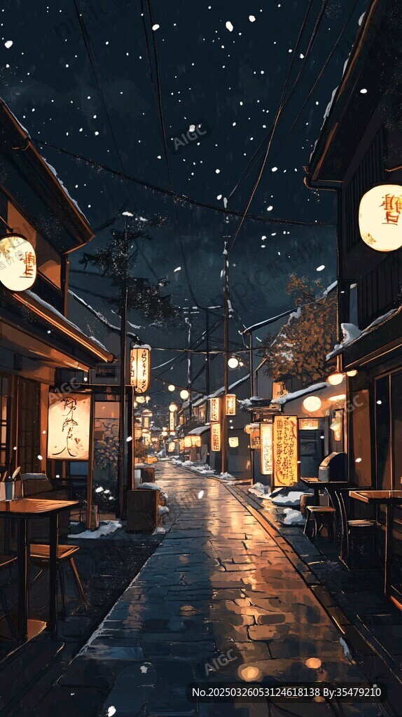 雪夜古巷灯火暖
