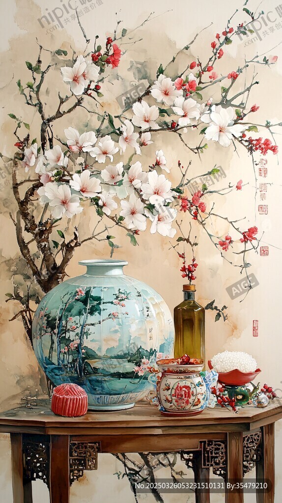 中式雅致静物 花瓶与繁花