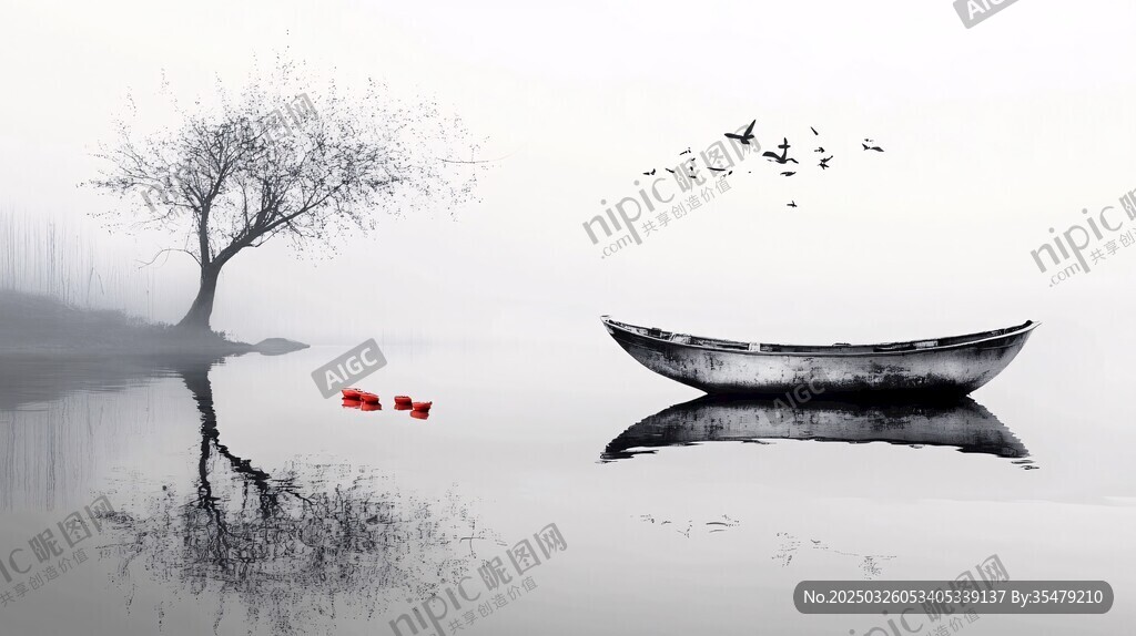 孤舟静湖树影图