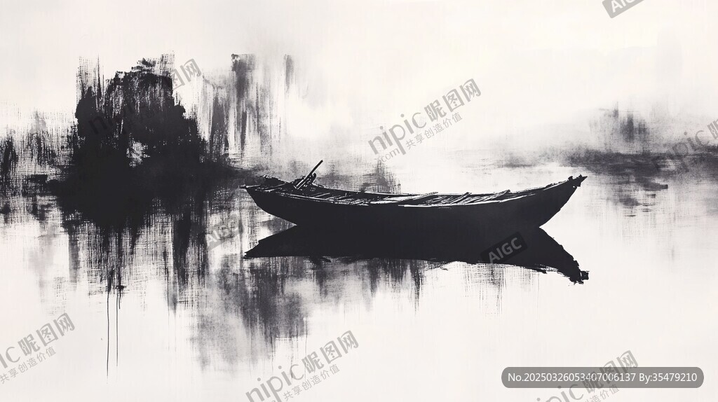 水墨孤舟静泊湖面