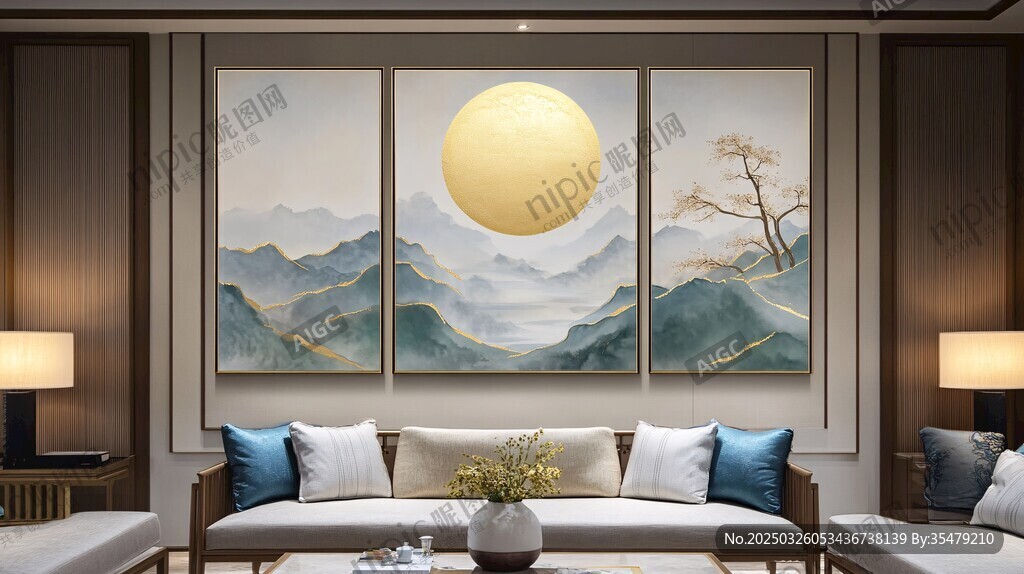 中式客厅的山水圆月挂画