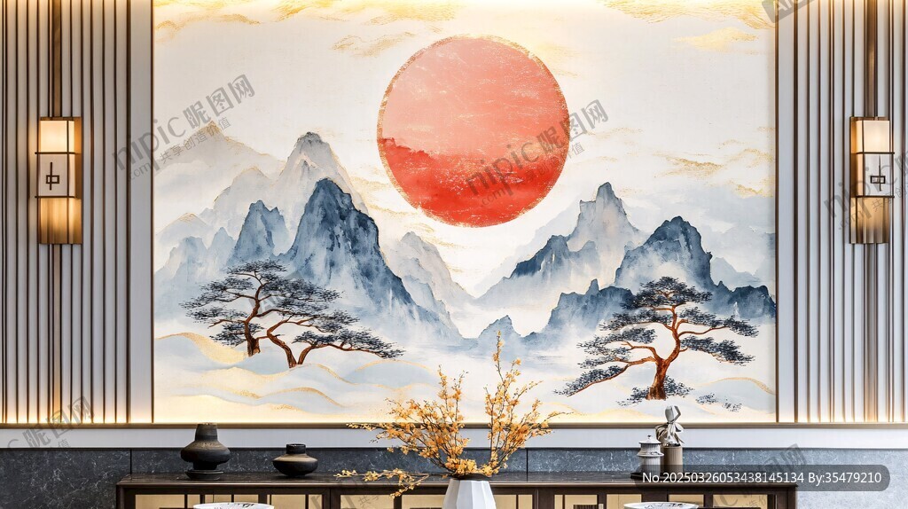 中式山水壁画装饰的客厅