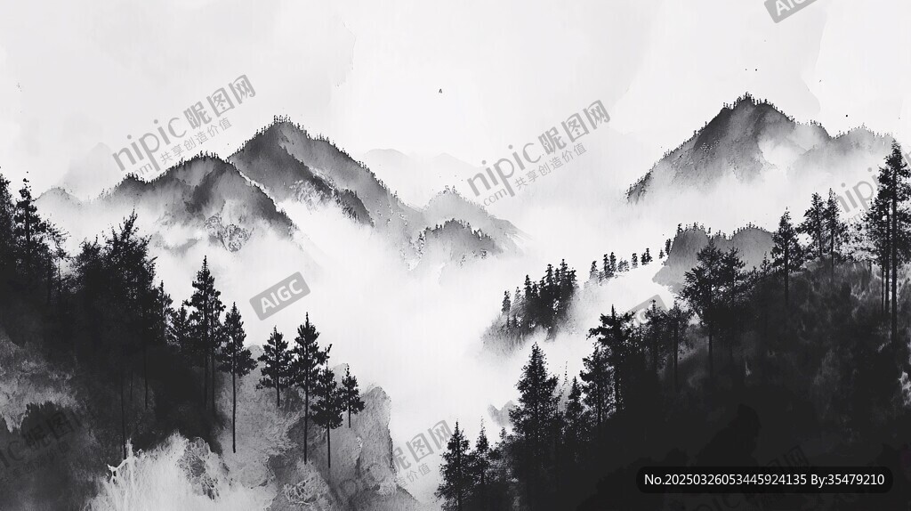 水墨山水间的静谧森林