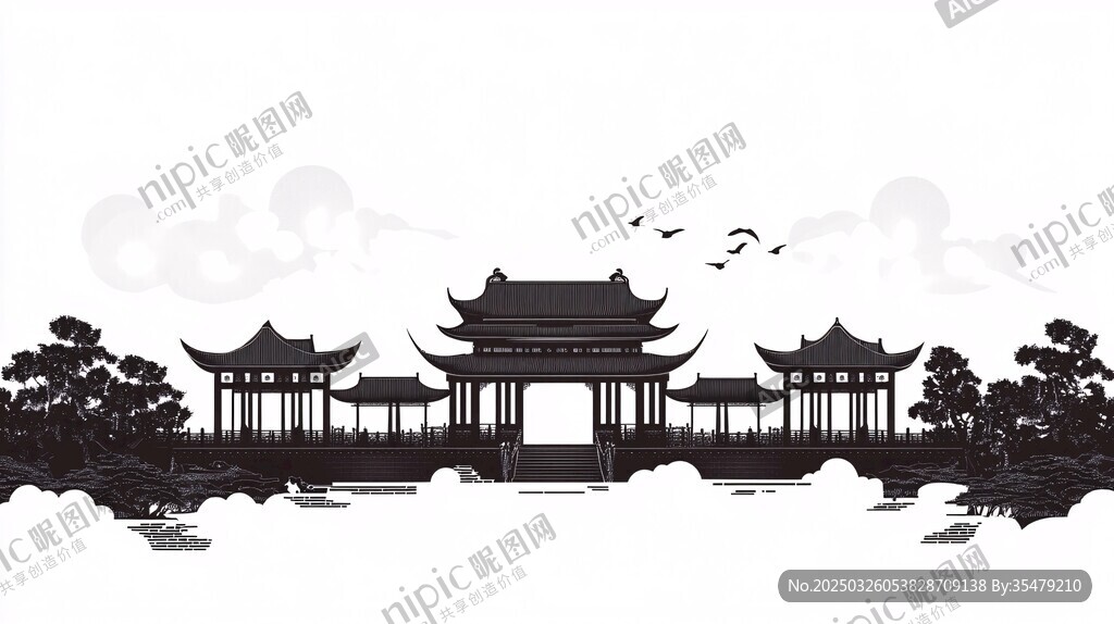 中式古韵亭台楼阁水墨画