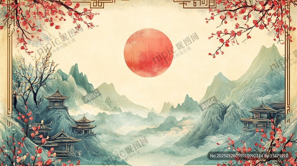 中式山水红日古风美景图
