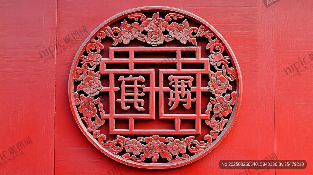 中式红墙镂空福寿装饰