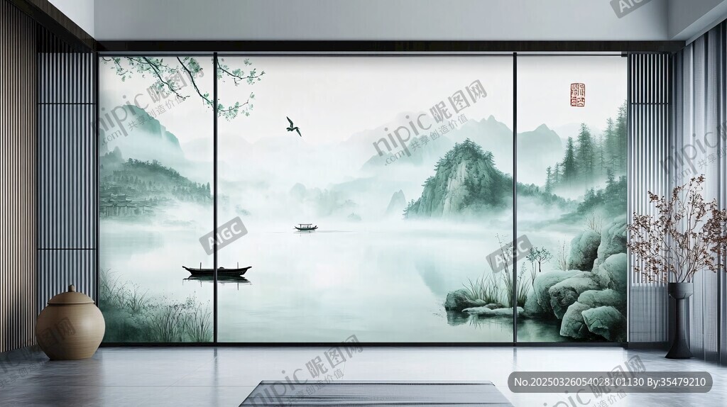 中式山水意境玻璃隔断画