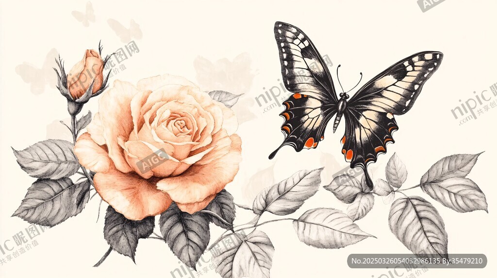 玫瑰旁的蝴蝶梦幻插画