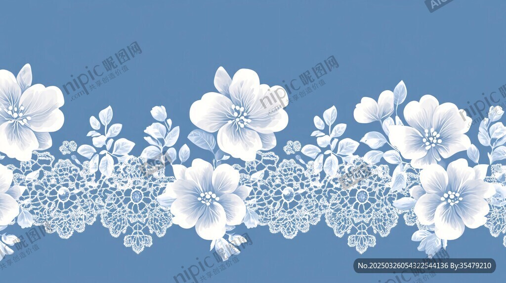 蓝底白花精致花卉花边