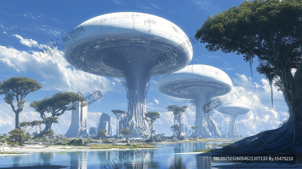 未来蘑菇形建筑科幻景观