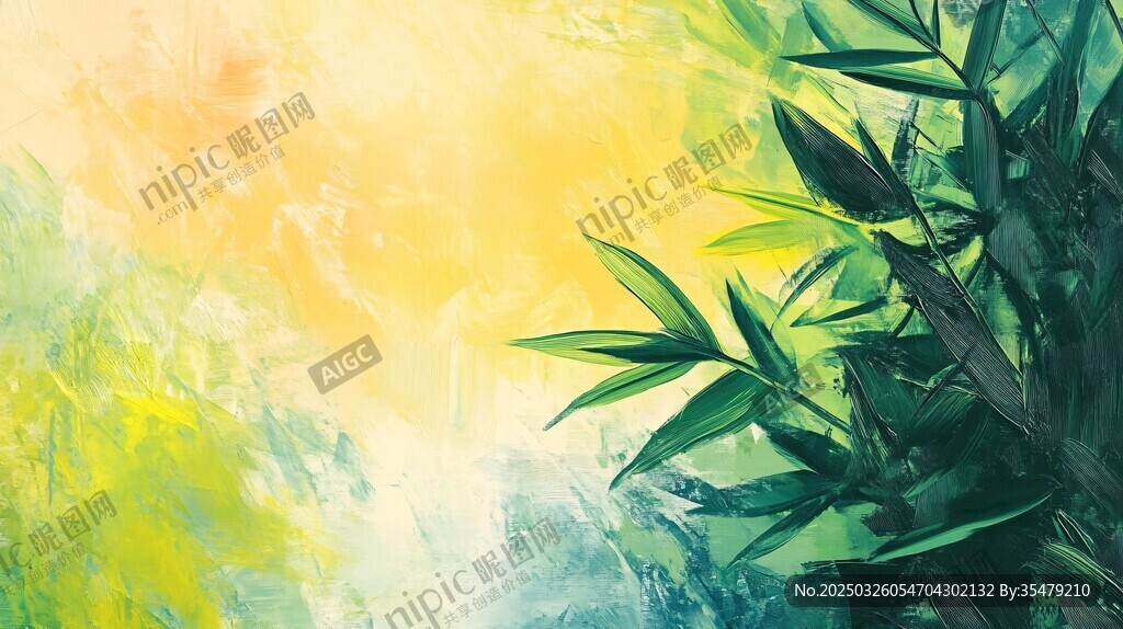 梦幻绿意竹林水彩画