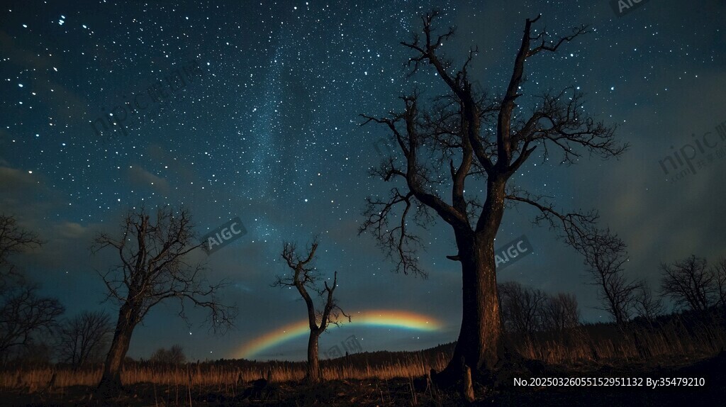 夜空下的枯树与梦幻彩虹
