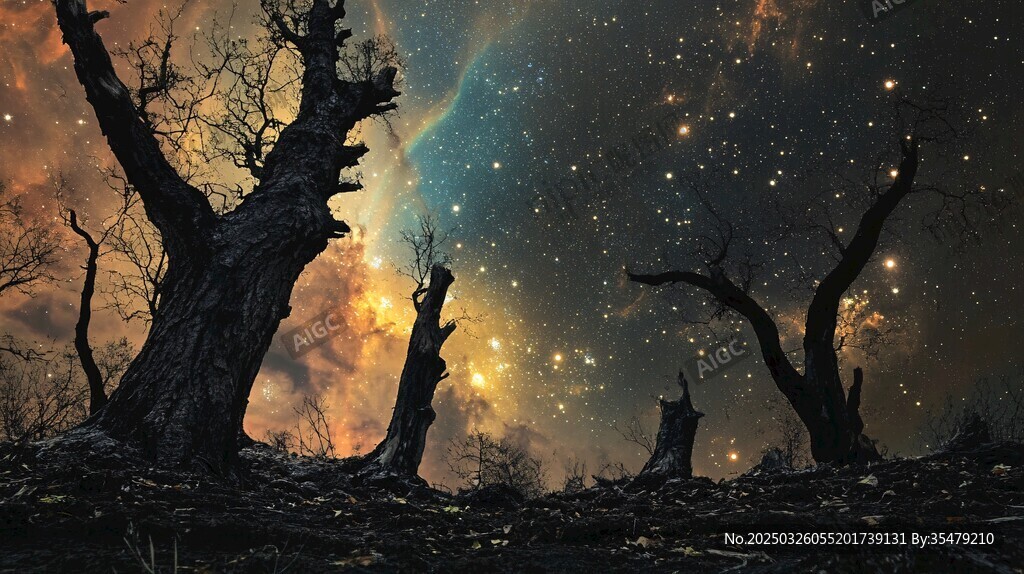 星空下的枯树奇幻景象