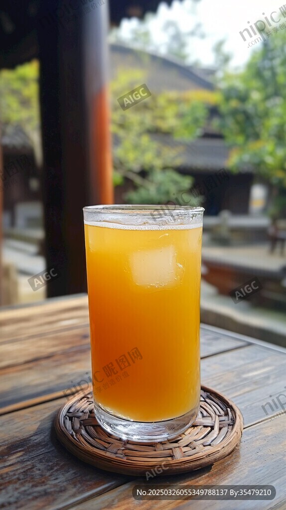 木质桌上的冰爽橙色饮品