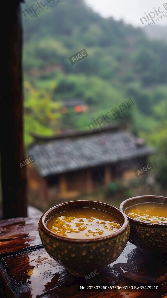 窗边两碗热汤赏雨景