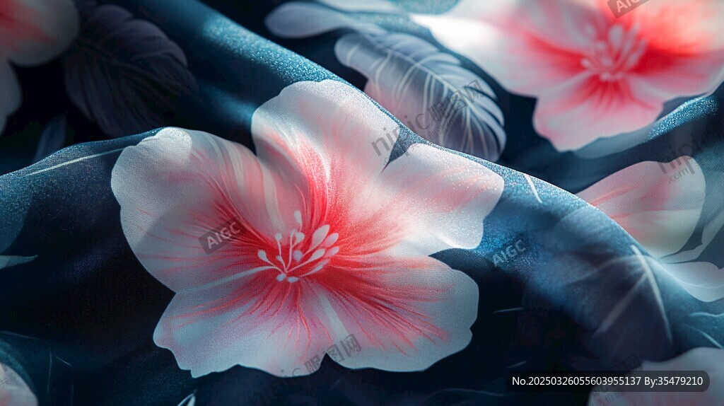 蓝底粉花精美布料纹理