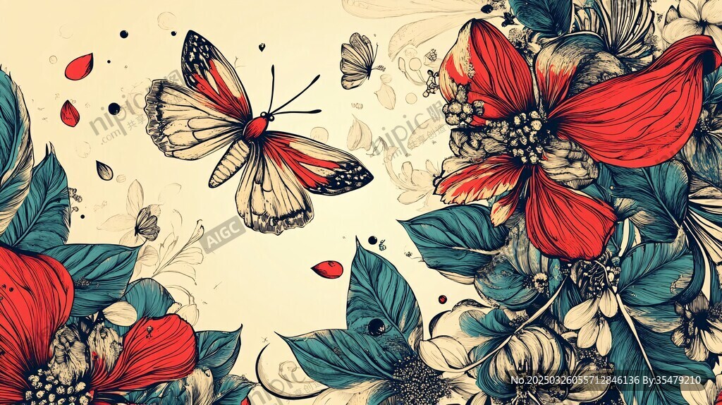蝴蝶与花卉的梦幻插画