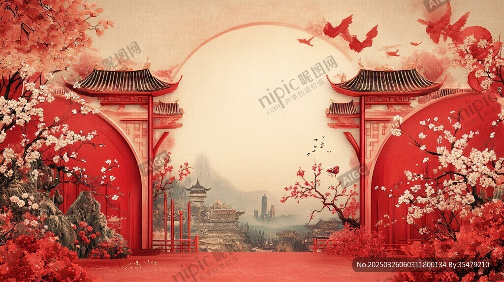 中式古典红色浪漫庭院景致