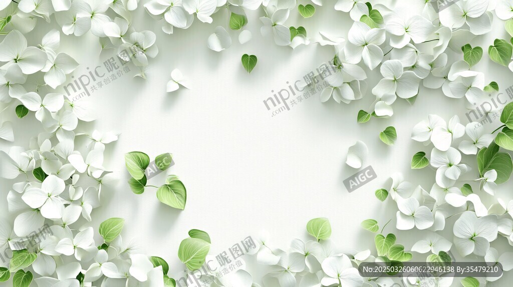 白色花卉绿叶边框背景图