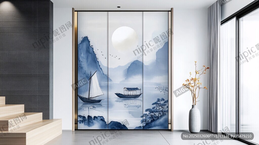 中式山水风移门装饰画