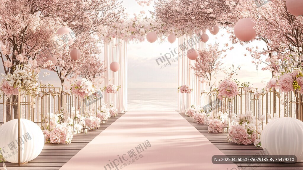 浪漫粉色樱花主题婚礼通道