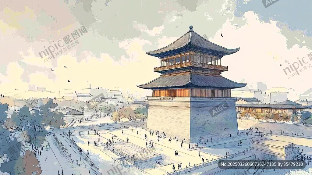 古风塔楼之下的热闹场景