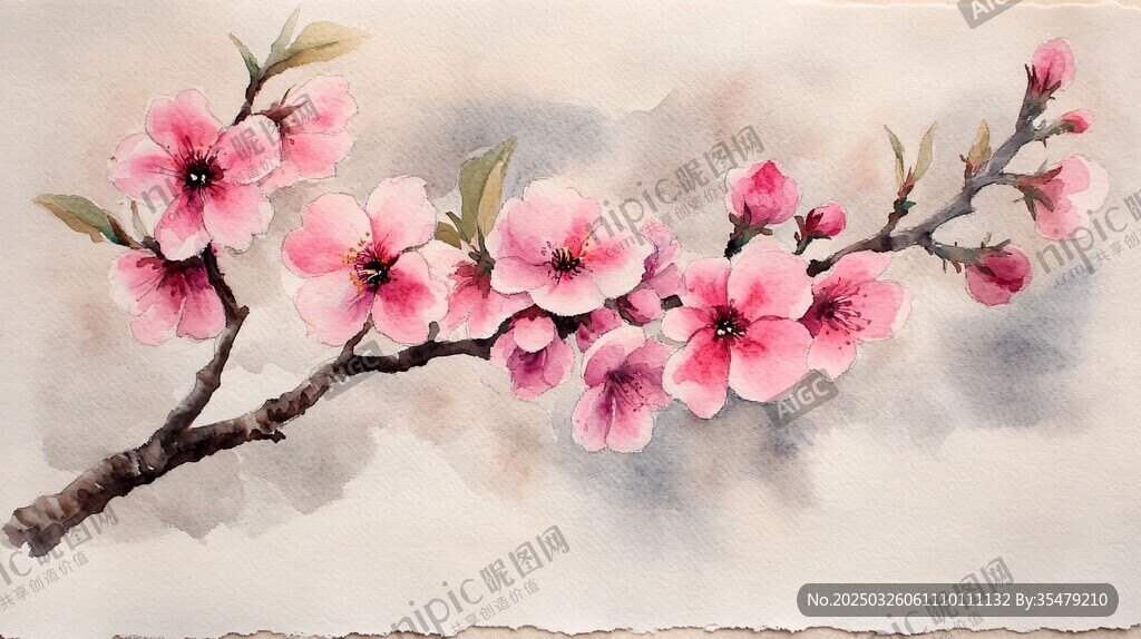 水墨桃花枝头绽