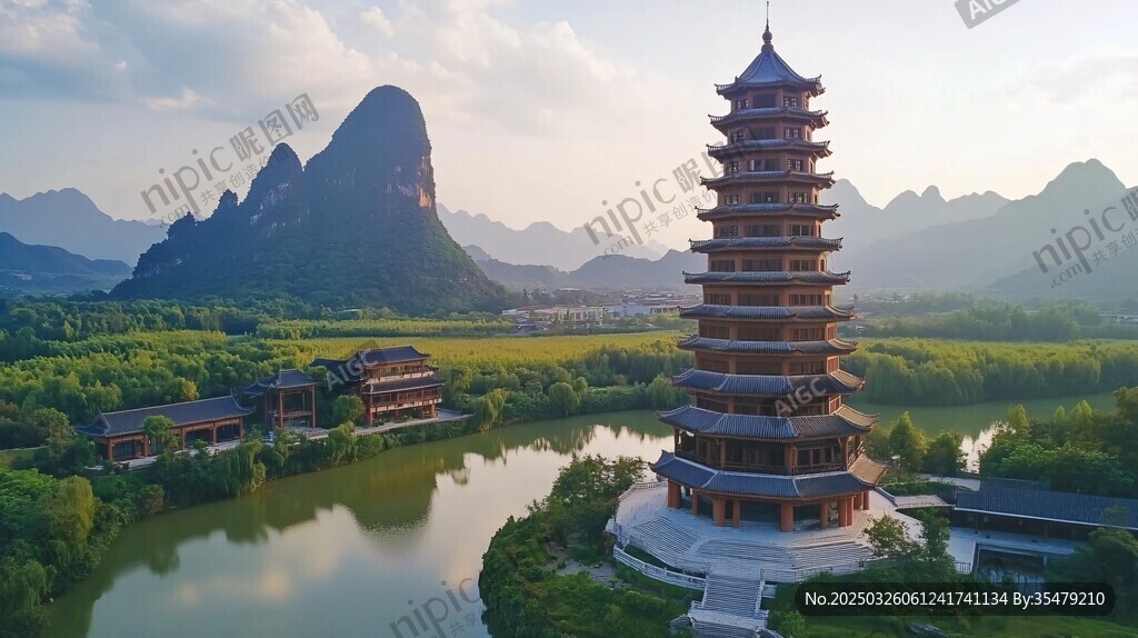 湖畔宝塔映青山美景