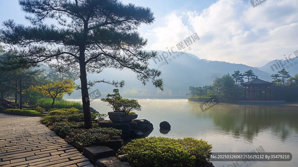 湖畔松景 自然静谧之美