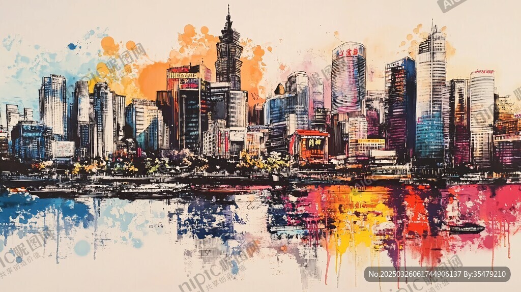 水彩绘就的繁华都市天际线